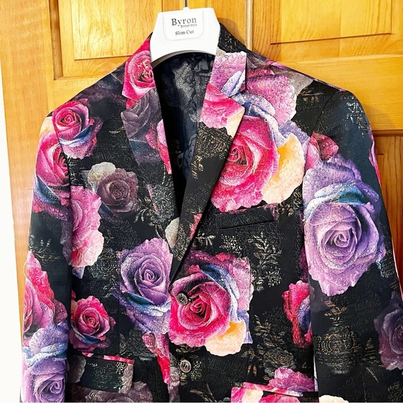 Womens Printed Floral Blazer Jacket Sz L Pink Purple Roses Formal Garden Party - Picture 2 of 11